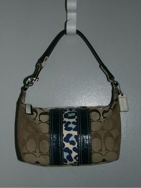 Coach Khaki Signature Mini Shoulder Bag with Blue Leopard Stripe